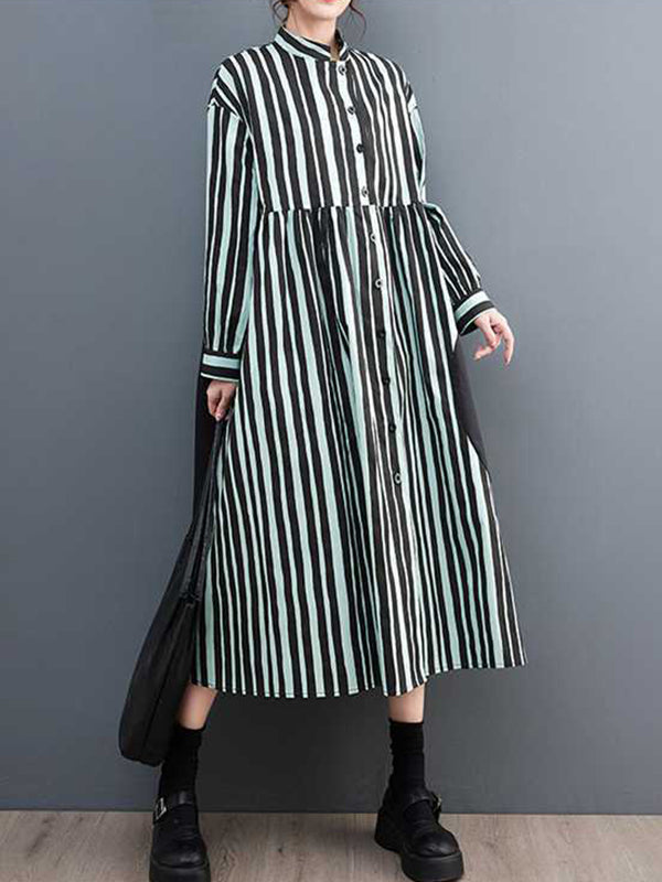 Long Sleeves Loose Buttoned Split-Joint Striped Mock Neck Midi Dresses