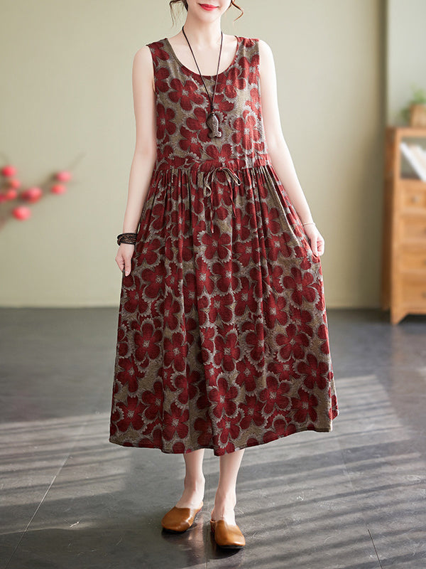 Loose Oversize Drawstring Floral Printed Round-Neck Midi Dresses