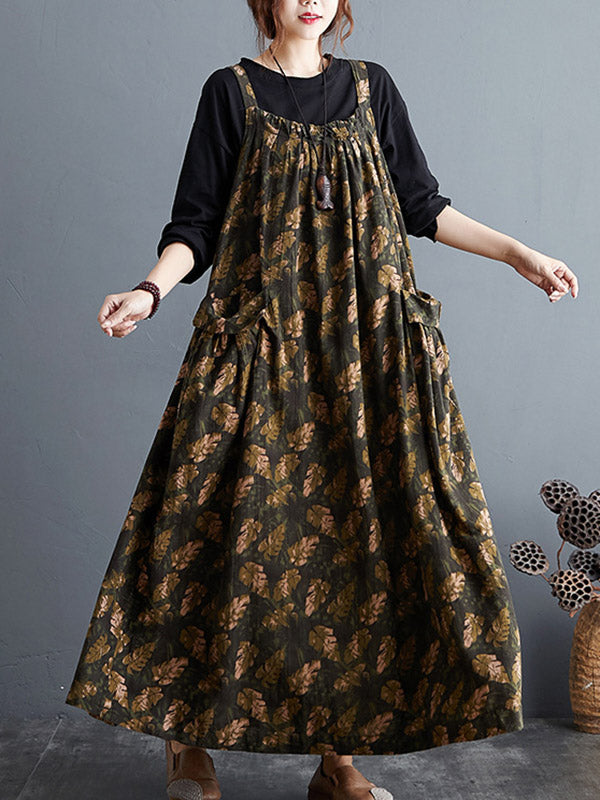 Artistic Retro Ramie Cotton Loose 3 Colors Floral Printed Square-Neck Sleeveless Strap Dress