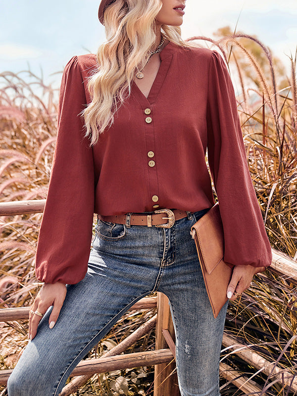 Long Sleeves Loose Buttoned Elasticity V-neck Blouses&shirts Tops