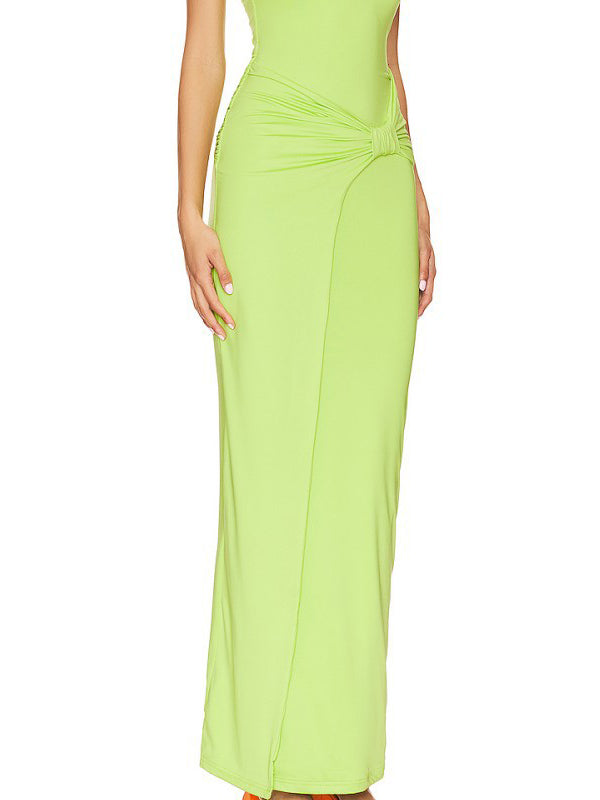 Skinny Sleeveless Backless Pleated Solid Color Split-Joint Split-Side Halter-Neck Maxi Dresses