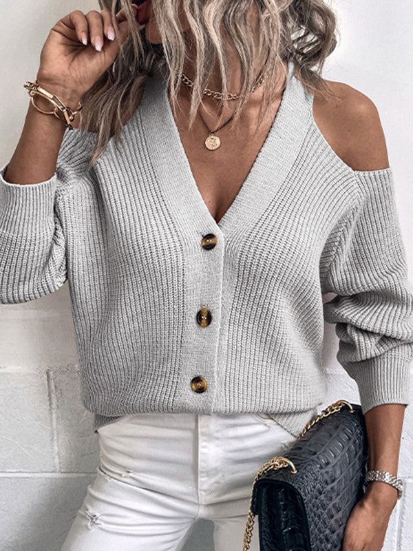 Trendy Tops Loose Solid Color V-Neck Cold Shoulder Cardigan Tops