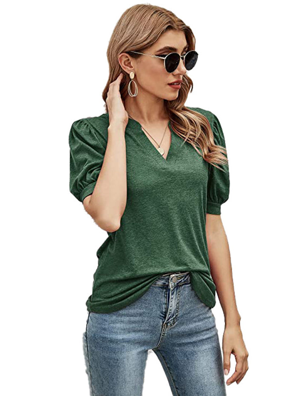 Simple Solid Color V-Neck Puff Sleeves T-Shirt Top