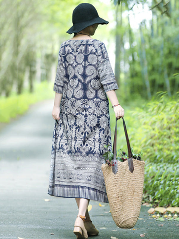 Vintage Cotton Blend Printing Midi Dresses