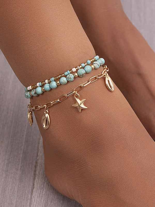 Beaded Chains Tasseled Triple Layered Anklets