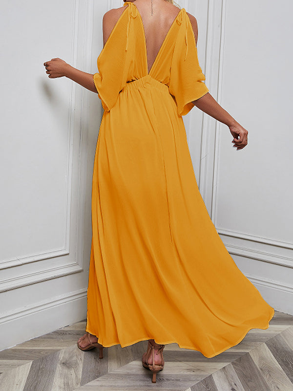 Batwing Sleeves Loose Solid Color Split-Front Deep V-Neck Maxi Dresses