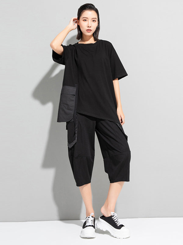 Stylish Loose Pocket Split-Joint Irregular Black T-Shirt