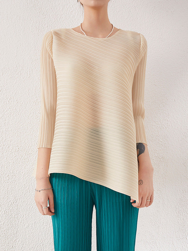 Simple Three-Quarter Sleeves Loose Pleated Solid Color Round-Neck T-Shirts Tops