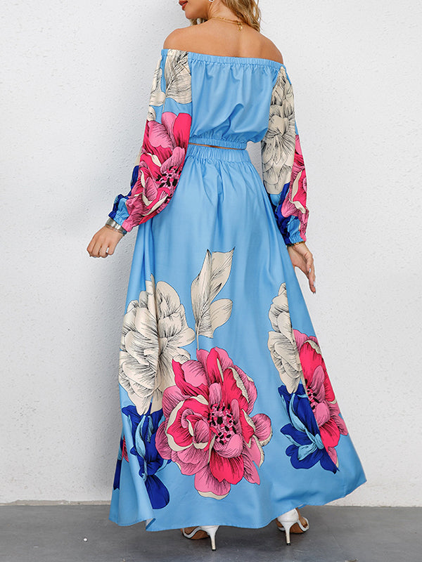 A-Line Elasticity Flower Print Pleated Off-The-Shoulder Shirts Top + High Waisted Skirts Bottom Two Pieces Set