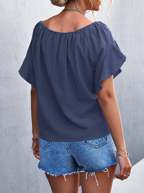 Loose Short Sleeves Elasticity Falbala Pleated Solid Color Tied Round-Neck T-Shirts Tops