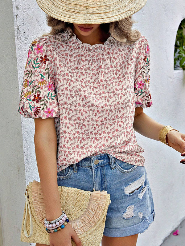 Loose Short Sleeves Elasticity Embroidered Flower Print Pleated Split-Joint Mock Neck T-Shirts Tops