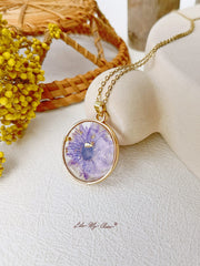 Purple Daisy Resin Round Crystal Pendant Necklace