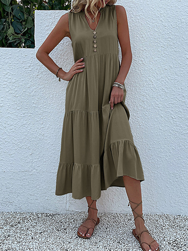 Loose Sleeveless Pleated Split-Joint V-Neck Midi Dresses