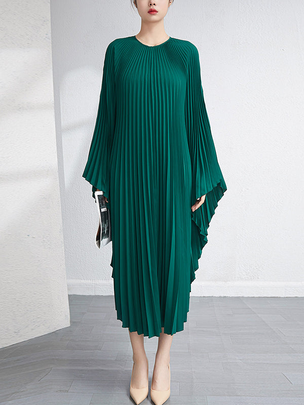 Batwing Sleeves Loose Pleated Solid Color Maxi Dresses