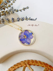 Violets Pressed Flower Resin Round Crystal Pendant  Necklace