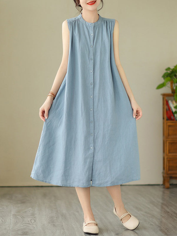 A-Line Sleeveless Buttoned Pleated Solid Color Round-Neck Midi Dresses