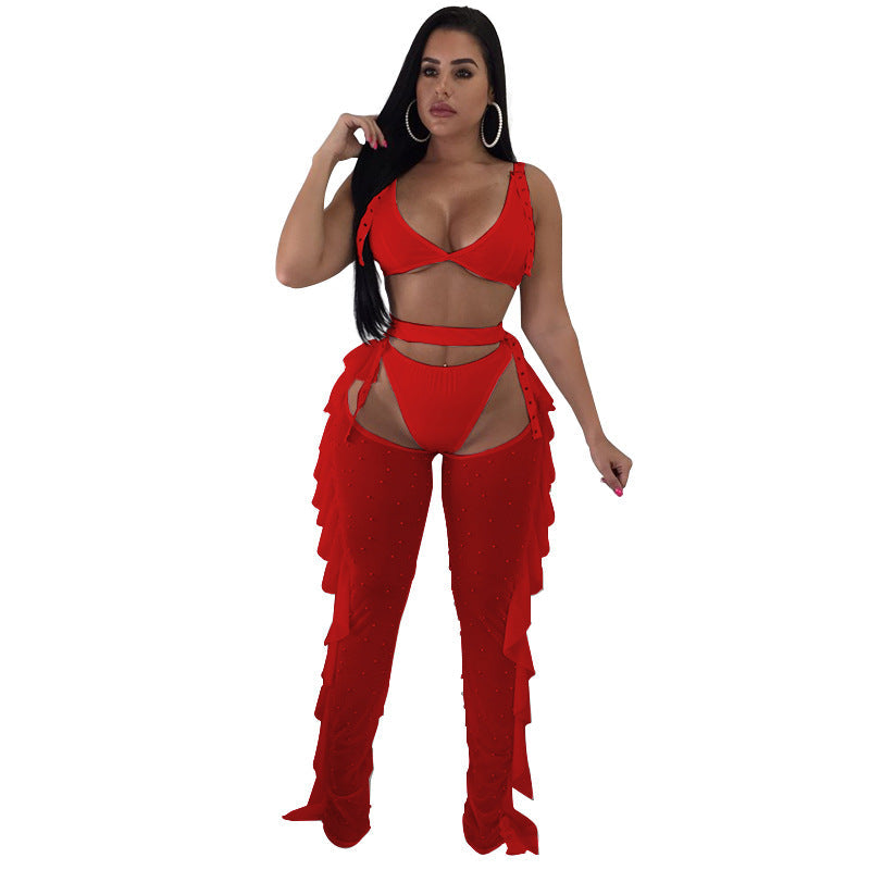 Women’s Sexy Mesh Beads Wooden Ear 3-Piece Suit – Stylish and Seductive Fashion Set