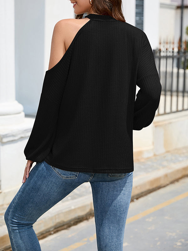 Loose Hollow Solid Color One-Shoulder Shirts