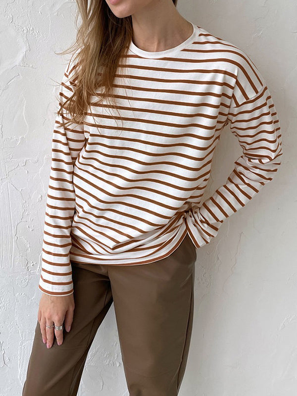 Long Sleeves Loose Striped Round-Neck T-Shirts Tops