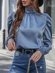 Loose Puff Sleeves Elasticity Hollow Pleated Split-Joint Stand Collar Blouses