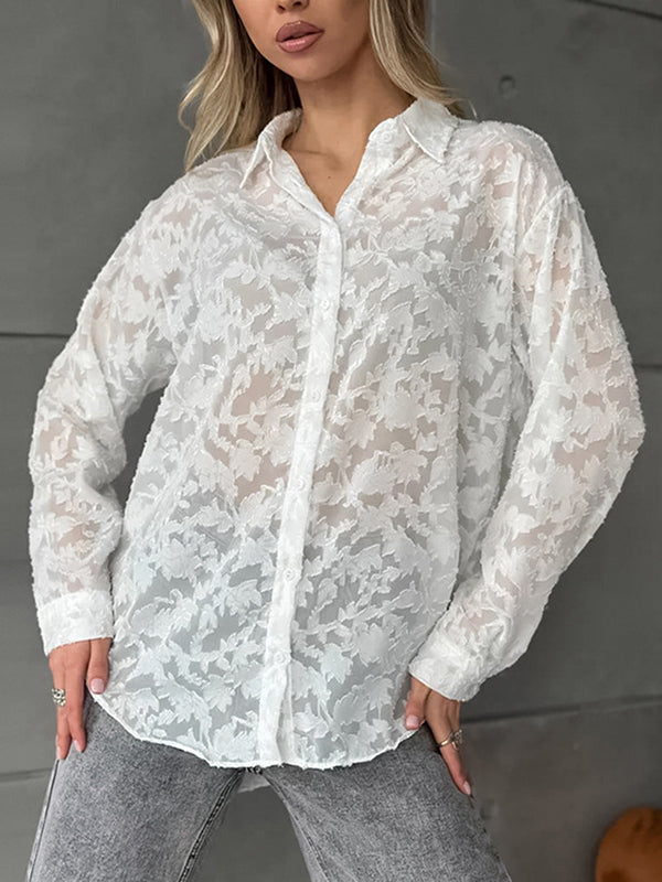 Long Sleeves Loose Jacquard See-Through Split-Joint Lapel Blouses&Shirts Tops