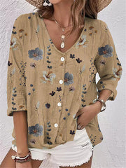 Long Sleeves Loose Buttoned Flower Print V-Neck Blouses&Shirts Tops