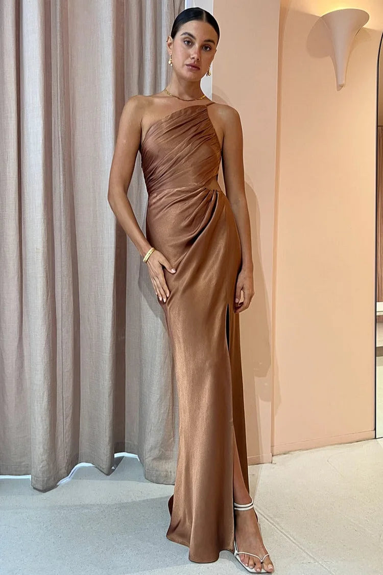 One Shoulder High Slit Ruched Evening Gown Cami Maxi Dress