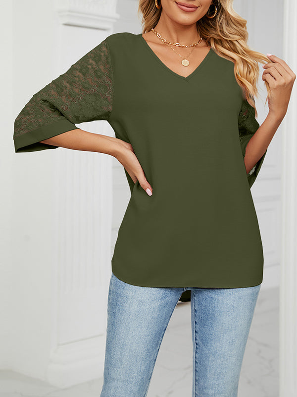 Loose Three-Quarter Sleeves Mesh Solid Color Split-Joint Round-Neck T-Shirts Tops