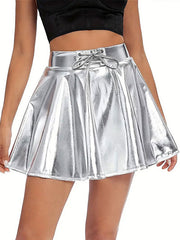 A-Line High Waisted Pleated Shiny Solid Color Tied Waist Skirts Bottoms