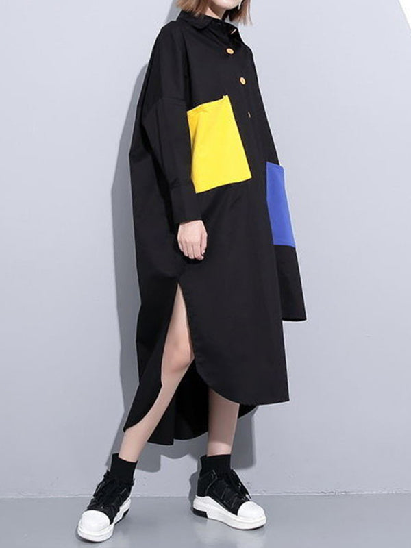 Long Sleeves Loose Asymmetric Buttoned Contrast Color Pockets Lapel Midi Dresses Shirt Dress