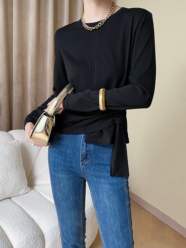 Long Sleeves Asymmetric Bowknot Solid Color Round-Neck T-Shirts Tops