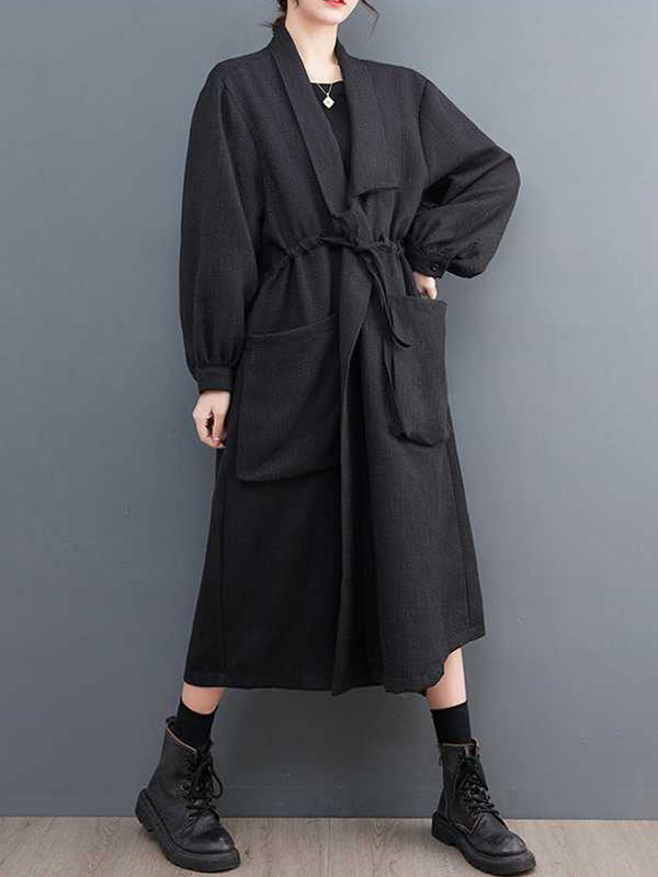 Long Sleeves Loose Drawstring Pockets Lapel Trench Coats