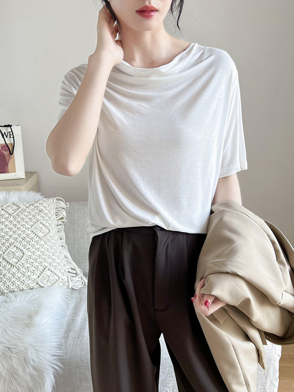 Short Sleeves Pleated Solid Color Heaps Collar T-Shirts Tops