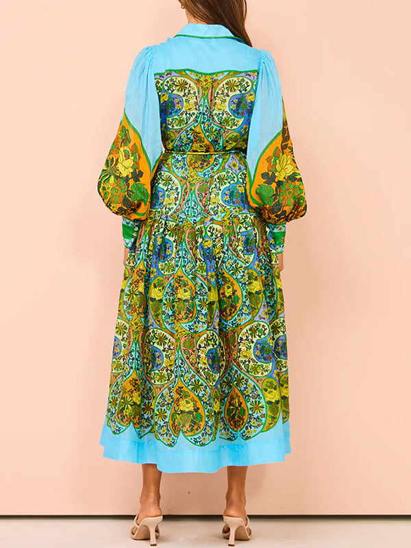 High Waisted Loose Puff Sleeves Belted Floral Printed Lapel Midi Dresses