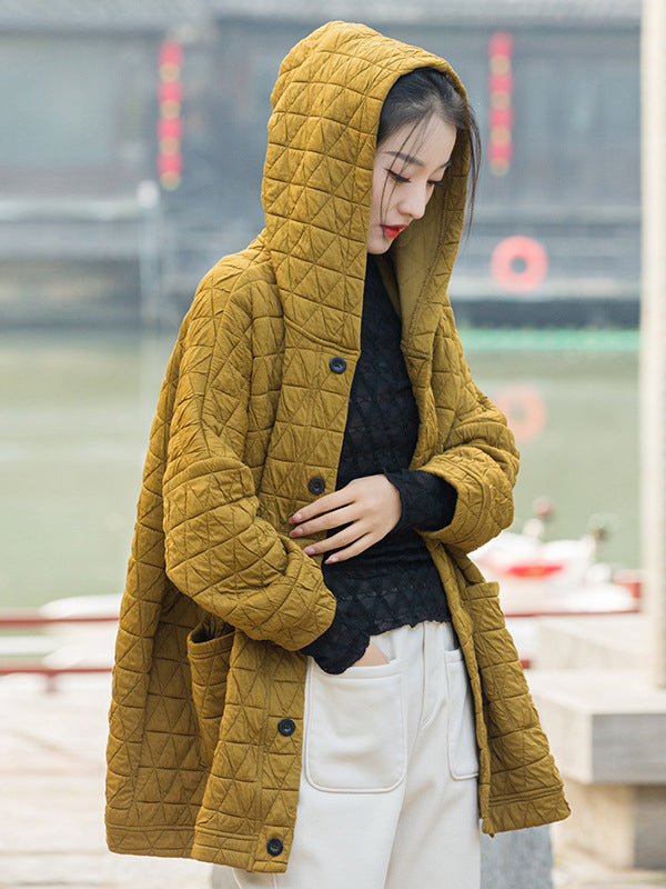 Casual Long Sleeves Loose Buttoned Keep Warm Solid Color Hooded Padded Coat