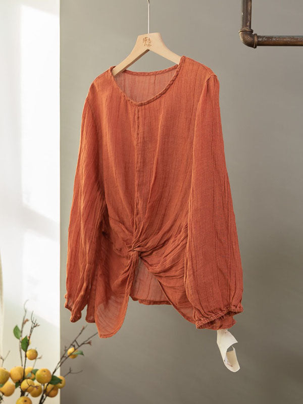 Long Sleeves Loose Pleated Solid Color Round-Neck Blouses&Shirts Tops