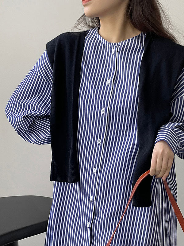 Long Sleeves Loose Striped Round-Neck Midi Dresses Shirt Dress