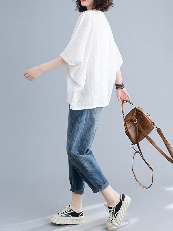 Batwing Sleeves Loose Solid Color Split-Joint Round-Neck T-Shirts Tops