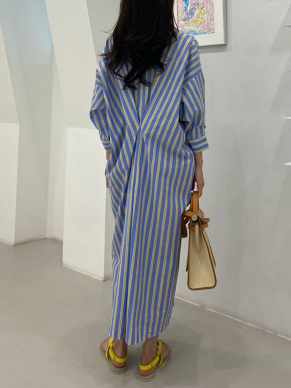 Long Sleeves Loose Buttoned Contrast Color Pockets Striped Lapel Midi Dresses Shirt Dress