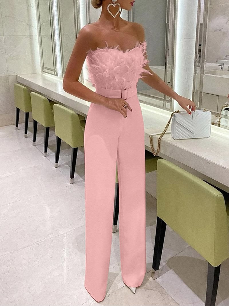 Spring Summer Feather Tube Top Sexy Jumpsuit – Trendy Women’s Fashion Piece