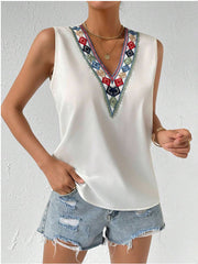 Loose Sleeveless Embroidered Split-Joint V-Neck Vest Top