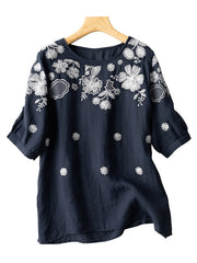 Vintage Embroidered Round-Neck Short Sleeves Shirts