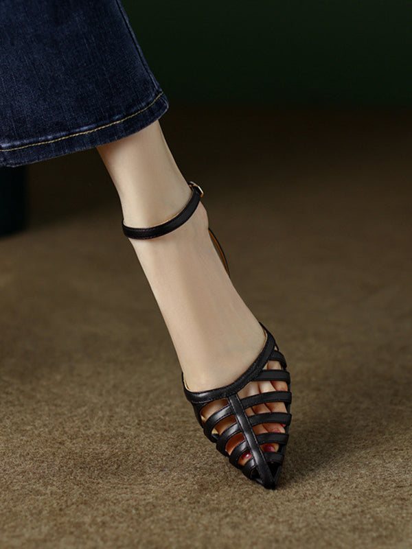 Belt Buckle Hollow Pointed-Toe Split-Joint Pumps Sandals Sling Shoes