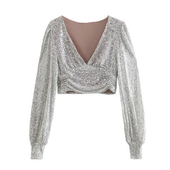 Women Clothing Party Puff Sleeve Sequined Blouse Long Sleeve Top