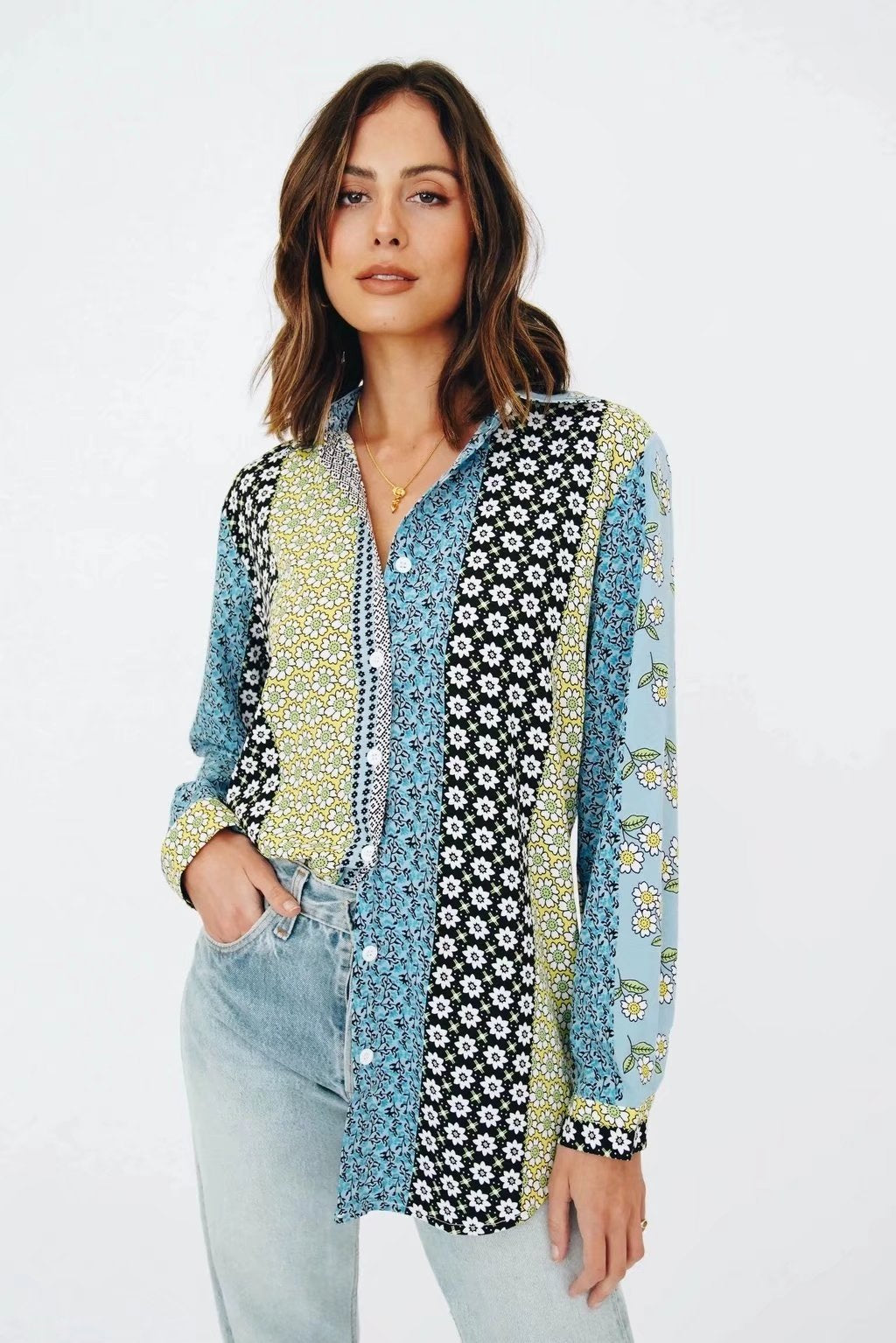 Spring Sunflower Print Long-Sleeve Shirt with Lapels – Floral Women’s Top