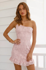 Summer Pink Lace Ruffled Shoulder Collar Midi Dress for Women