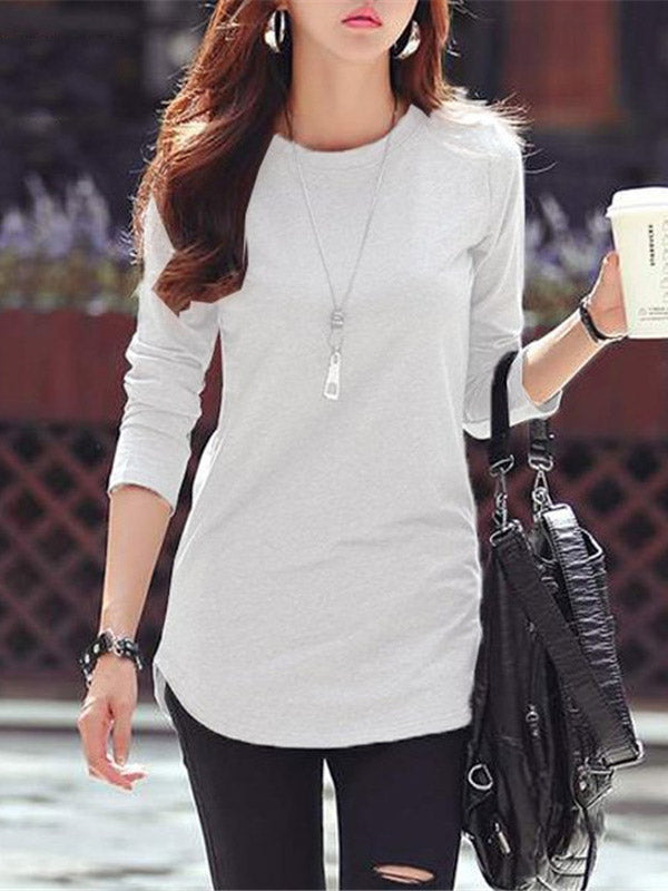 Long Sleeves Solid Color Round-Neck T-Shirts Tops