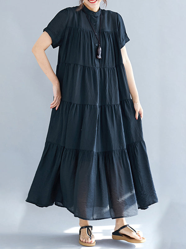 Vintage Loose Split-Joint Pleated Short Sleeves Round-Neck Midi Dress