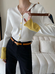 Flared Sleeves Long Sleeves Buttoned Contrast Color Split-Joint V-Neck Cardigan Tops