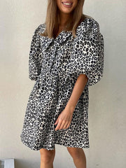 A-Line Half Sleeves Buttoned Elasticity Leopard No Belt Zipper Lapel Mini Dresses